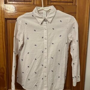White Button-Up Shirt with Leaf Pattern
